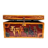 Buddhist Wooden Box With [omph] Design, Tibetan Style With Traditional Color