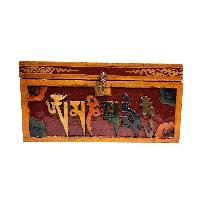 Buddhist Wooden Box With [omph] Design, Tibetan Style With Traditional Color