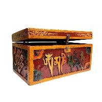 Buddhist Wooden Box With [omph] Design, Tibetan Style With Traditional Color
