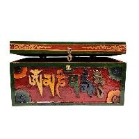 Buddhist Wooden Box With [omph] Design, Tibetan Style With Traditional Color