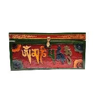 Buddhist Wooden Box With [omph] Design, Tibetan Style With Traditional Color