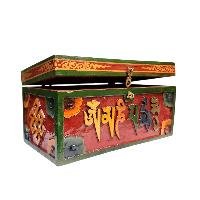 Buddhist Wooden Box With [omph] Design, Tibetan Style With Traditional Color