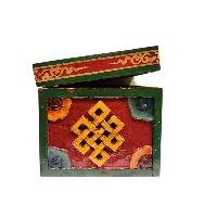 Buddhist Wooden Box With [omph] Design, Tibetan Style With Traditional Color