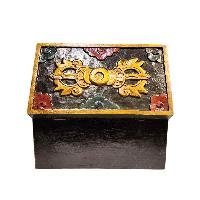 Buddhist Wooden Box With [omph] Design, Tibetan Style With Traditional Color