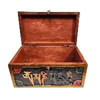 Buddhist Wooden Box With [omph] Design, Tibetan Style With Traditional Color
