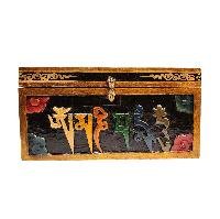 Buddhist Wooden Box With [omph] Design, Tibetan Style With Traditional Color