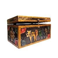 Buddhist Wooden Box With [omph] Design, Tibetan Style With Traditional Color